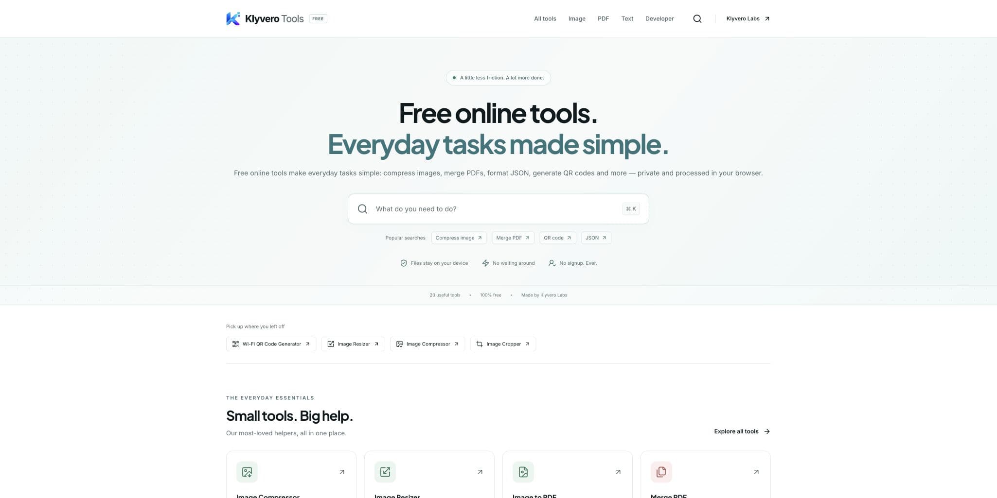 Screenshot of the live Klyvero Tools website